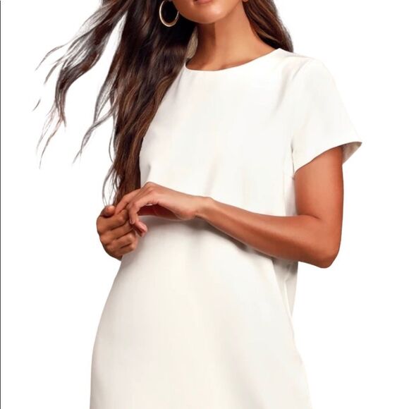Lulu’s “Shift & Shout” Ivory Short Sleeve Shift Dress - Picture 2 of 8
